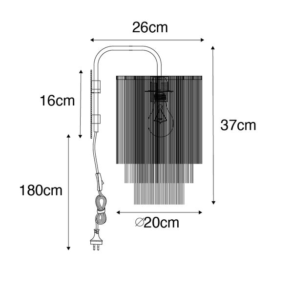 Technische Zeichnung einer Wandleuchte mit den Maßen 26 cm Breite, 37 cm Höhe, 20 cm Durchmesser des Lampenschirms, 16 cm Höhe der Wandhalterung und 180 cm Kabellänge.