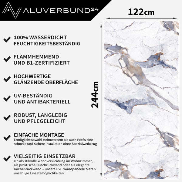 Aluverbund24 Logo. Wandpaneel aus PVC mit Marmoroptik, Maße 122 mal 244 cm, wasserdicht, feuchtigkeitsbeständig, schwer entflammbar und B1-zertifiziert, hochwertige, glänzende Oberfläche, UV-beständig, antibakteriell, robust, langlebig und pflegeleicht.