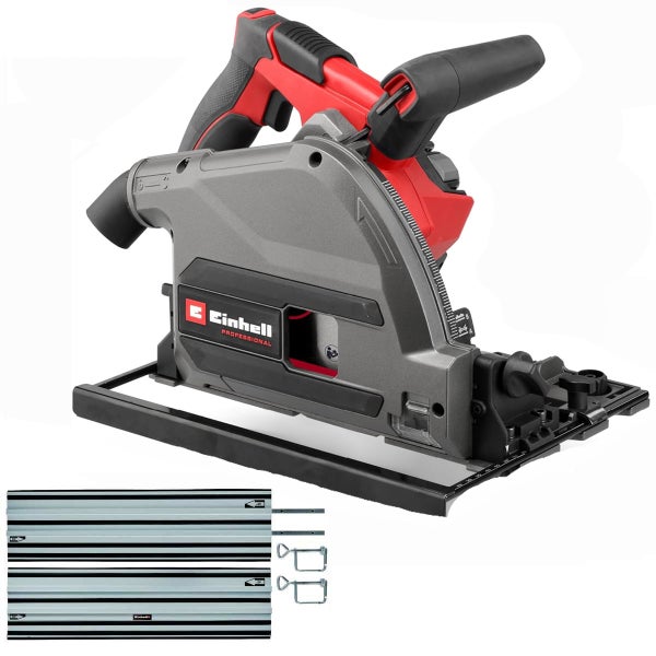 Einhell Professional Tauchsäge inklusive zwei Führungsschienen und zwei Schraubzwingen.