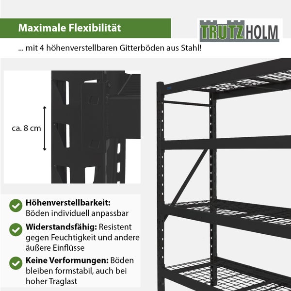 Trutzholm Schwerlastregal mit vier höhenverstellbaren Gitterböden aus Stahl und dem Trutzholm Logo