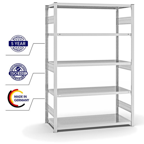 PROREGAL Fachbodenregal Stecksystem T-Profil Heavy-Duty Grundregal HxBxT 200 x 130 x 60 cm 5 Ebenen Fachlast 330 kg Beidseitig Nutzbar Lichtgrau
