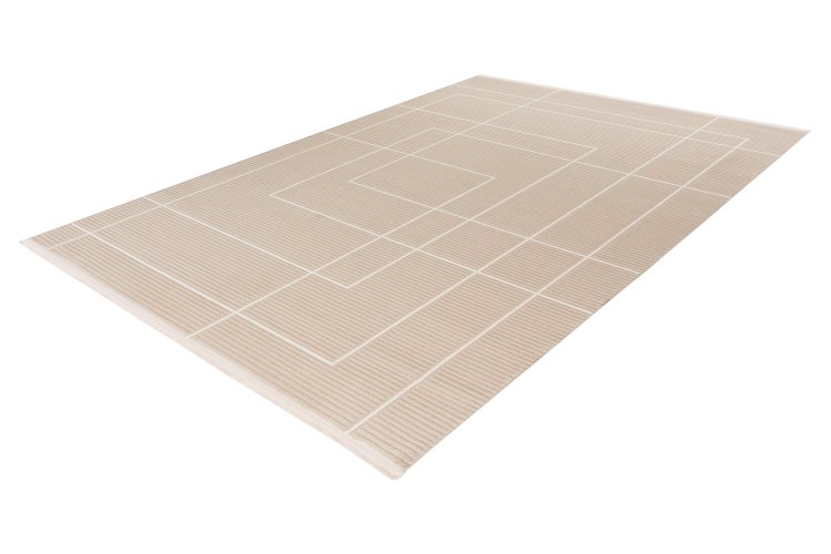 Rechteckiger Teppich mit geometrischem Linienmuster in perspektivischer Ansicht.