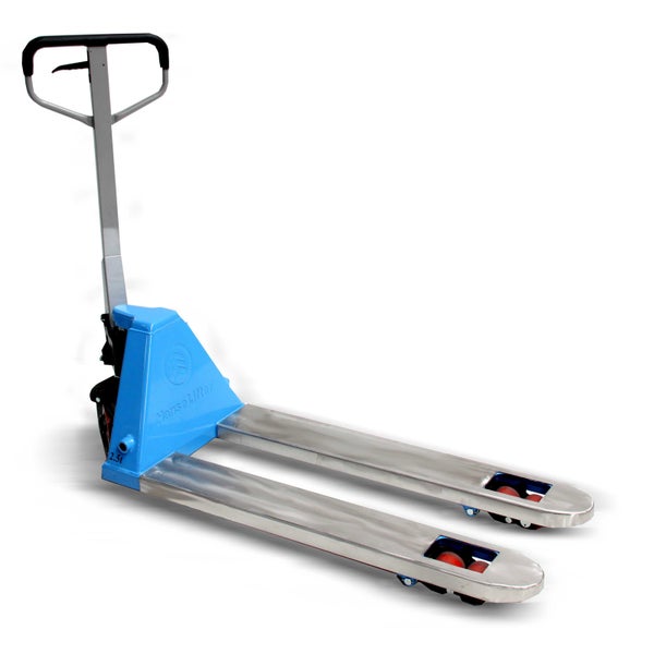 Hubwagen HanseLifter aus Edelstahl mit blauem Pumpengehäuse und einer Tragkraft von 2,5 Tonnen.