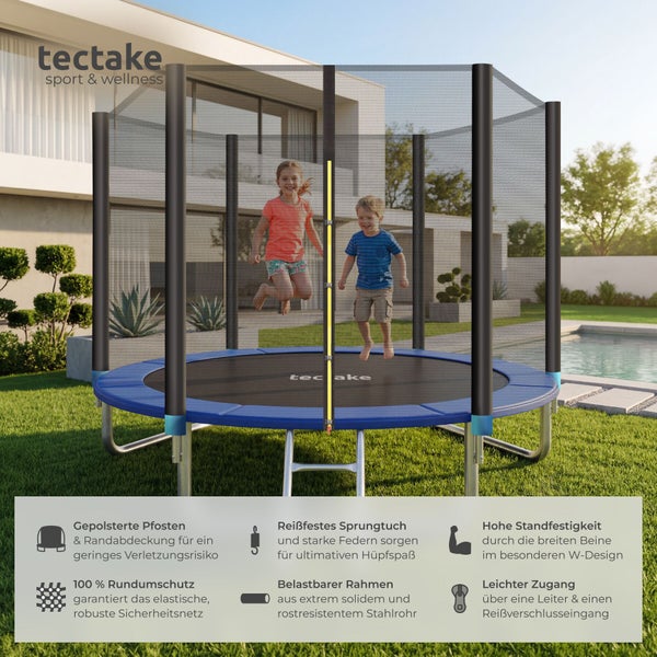 Tectake Gartentrampolin mit Sicherheitsnetz, Leiter, gepolstertem Rand und rostfreiem Stahlrahmen, zwei springende Kinder im Garten am Pool.