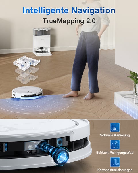 Saugroboter mit intelligenter Navigation, TrueMapping 2.0 und automatischer Entleerungsstation im Einsatz auf einem Holzboden.