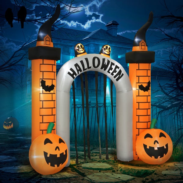 Aufblasbarer Halloween-Bogen mit Kürbissen und Hexenhut-Säulen für die Halloween Dekoration