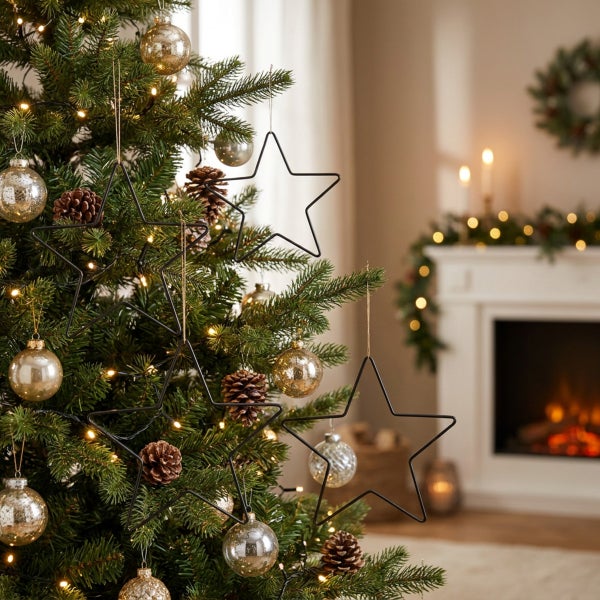 Weihnachtsbaum geschmückt mit Metallsternen und Glaskugeln in einem Wohnzimmer mit Kamin im Hintergrund.