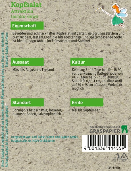 Rückseite der Saatgutpackung für Carl Pabst Kopfsalat Attraktion aus Graspapier mit Informationen zu Aussaat, Standort, Ernte und Pflege.