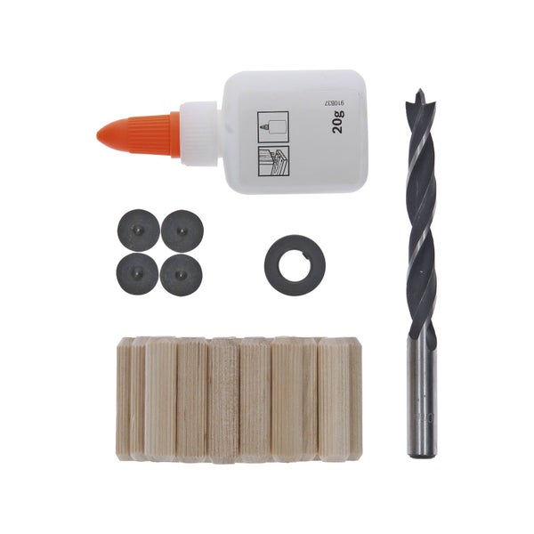 Holzverbindungsset mit Holzleim 20 Gramm, acht geriffelten Holzdübeln, einem Holzbohrer, vier Dübelsetzern und einem Tiefenstopp.