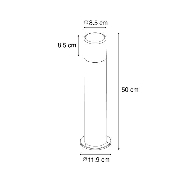 Maßzeichnung einer Pollerleuchte: Höhe 50 Zentimeter, Durchmesser oben 8,5 Zentimeter, Sockeldurchmesser 11,9 Zentimeter.