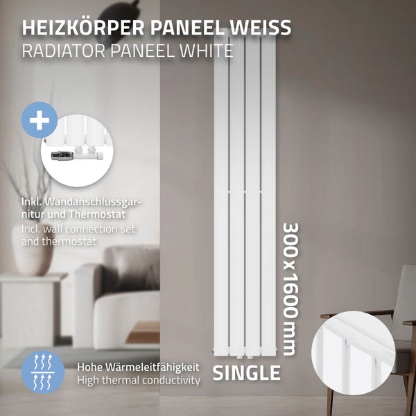 ML-Design Paneelheizkörper Einlagig 1600 x 300 mm Weiß Mittelanschluss mit Wandanschlussgarnitur Eckform Multiblock & Thermostat, Design Badheizkörper Vertikal Designheizkörper Flachheizkörper Heizung
