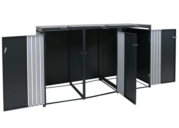 Mülltonnenbox für drei Mülltonnen mit geöffneten Türen