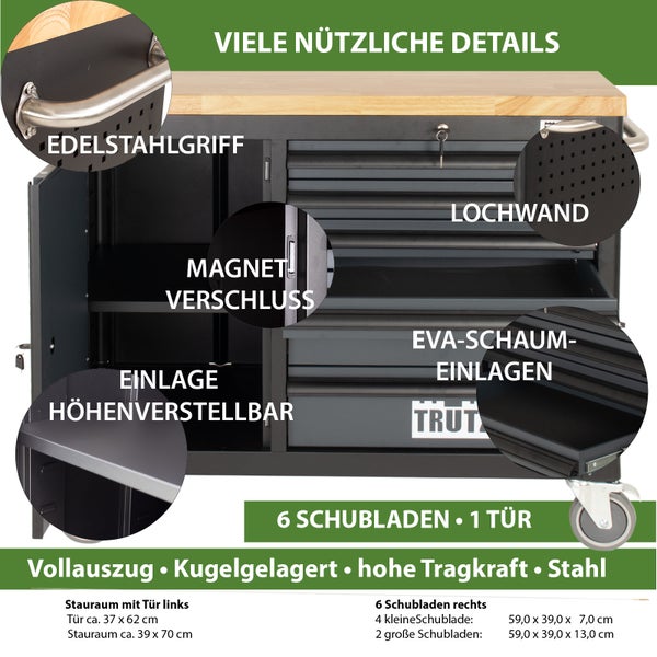Werkstattwagen DELUXE 6 Schubladen + Tür unbestückt mit massiver Arbeitsplatte Anthrazit/grau