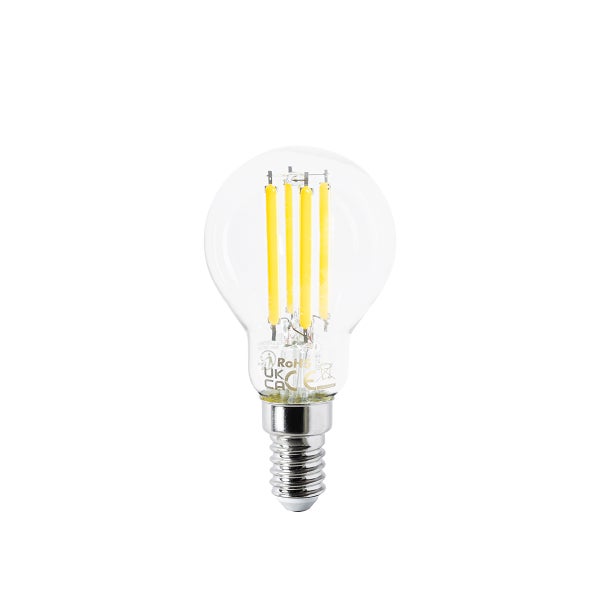 Klare LED-Filament-Lampe mit E14-Sockel, zertifiziert nach Umwelt- und Sicherheitsstandards.