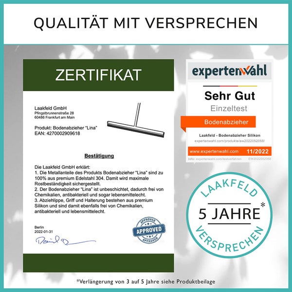Wasserschieber Edelstahl Hochglanz poliert mit Silikonhalterung ohne Bohren - Bodenabzieher Dusche mit Lippe und Griff aus Silikon - Abzieher Dusche Boden optimiert - Wasserabzieher Boden ergonomisch