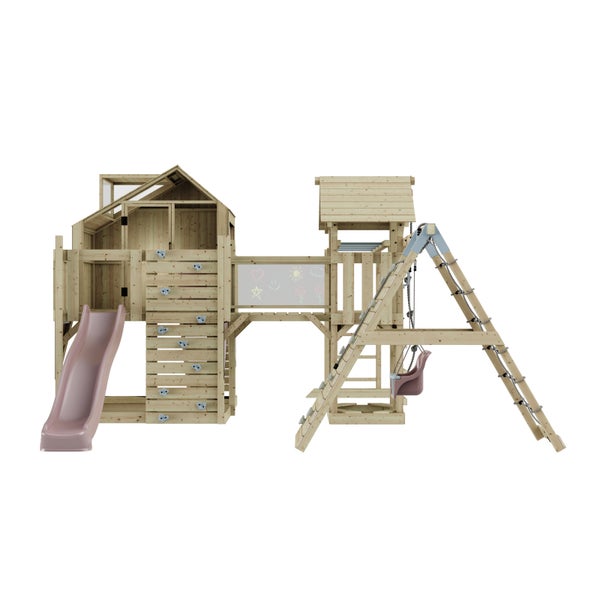 Spielturm aus Holz mit Rutsche, Schaukel und Kletterwand für den Garten