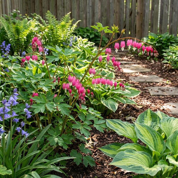 Rosa Tränendes Herz in einem Gartenbeet mit Hostas, Farnen und einem Steinweg.