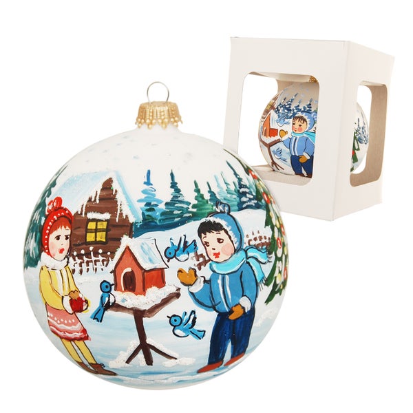 Geschenkkugel Junge & Mädchen mit Vogelhaus, multicolor, 10cm (handbemalte), 1 Stck., Weihnachtsbaumkugeln, Christbaumschmuck, Weihnachtsbaumanhänger