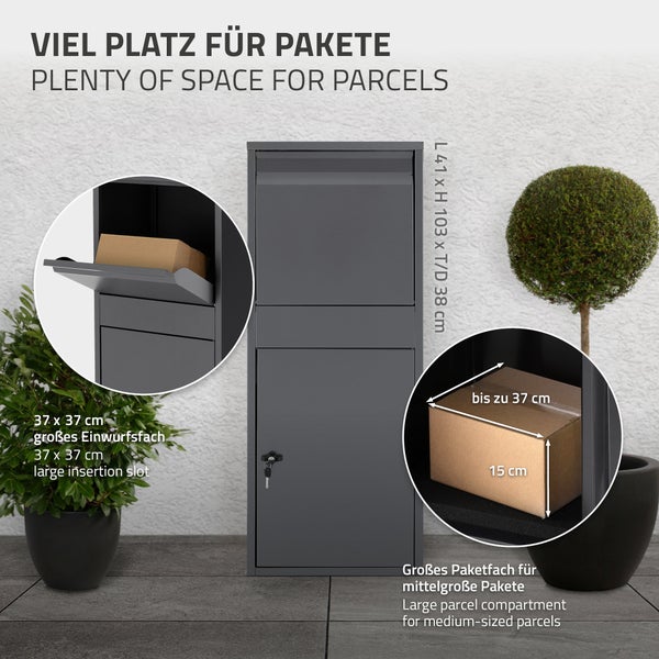 ML-Design Paketbriefkasten aus verzinktem Stahl in Anthrazit, 41x103x38 cm, freistehend, abschließbar, 2 Schlüssel, Standbriefkasten Paketbox Postkasten Paketkasten für Pakete, Warensendungen & Briefe