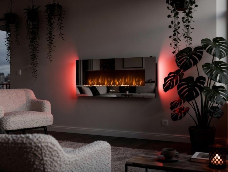 Elektrischer Wandkamin mit Spiegel, roter Beleuchtung und Dekoration in Wohnzimmeratmosphäre.