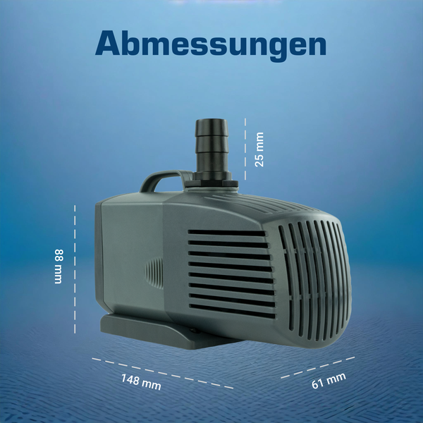 Abmessungen der Wasserpumpe: Länge 148 Millimeter, Breite 61 Millimeter, Höhe 88 Millimeter und Anschlusslänge 25 Millimeter.
