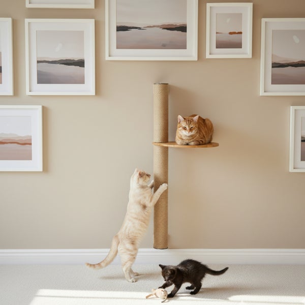 Wandkratzbaum mit Sisalstamm und Liegebrett für Katzen in einem modern eingerichteten Wohnbereich.