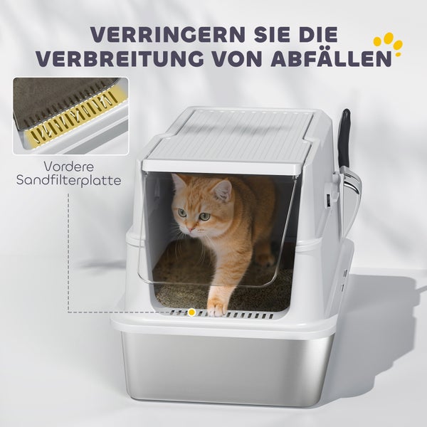 Katze betritt geschlossene Katzentoilette mit Streufilter