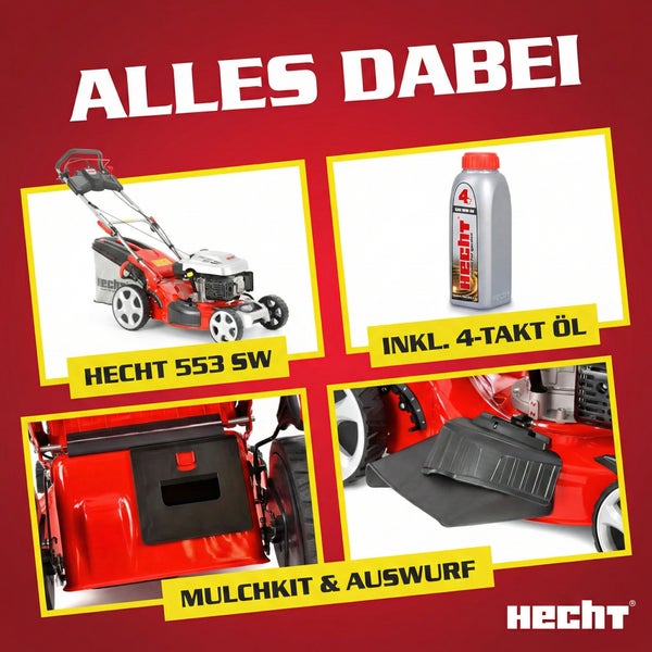 Hecht Benzin Rasenmäher 553 SW Set inklusive 4-Takt Öl, Mulchkit und Seitenauswurf.