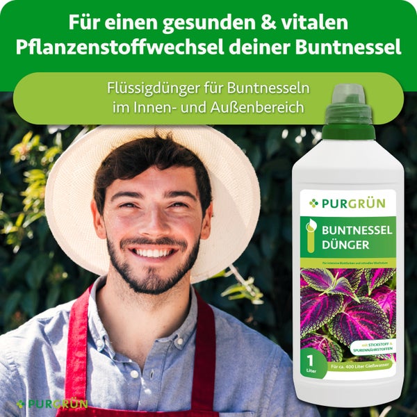 Eine Flasche Purgrün Buntnessel Flüssigdünger vor einem lächelnden Gärtner.