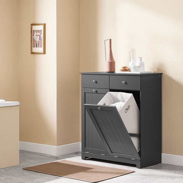 Badezimmerschrank mit Kippfach für Wäsche und zwei Schubladen zur Aufbewahrung