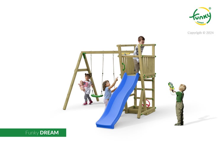 Spielturm Funky Dream aus Holz mit blauer Rutsche und Schaukel, Kinder spielen am stabilen Klettergerüst, Funky Combo Logo.