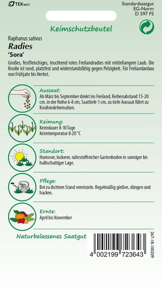 Radieschen Sora Saatgutpackung mit Informationen zu Aussaat, Keimung, Standort, Pflege und Ernte