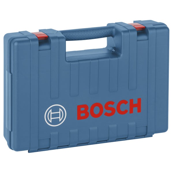 Bosch Werkzeugkoffer aus blauem Kunststoff mit Tragegriff und roten Verschlüssen.