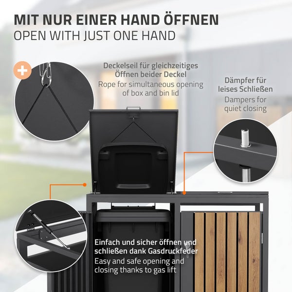 Mülltonnenbox aus Metall in Anthrazit mit Holzoptik, Gasdruckfeder für leichtes Öffnen, Deckelseil und Dämpfern für leises Schließen.