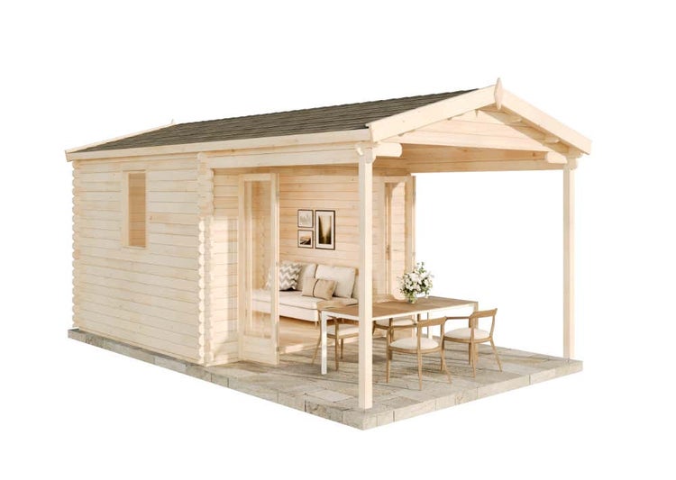 Gartenhaus aus Holz mit Satteldach, geschlossenem Raum und überdachter Terrasse mit Sitzgruppe auf Steinplatten.