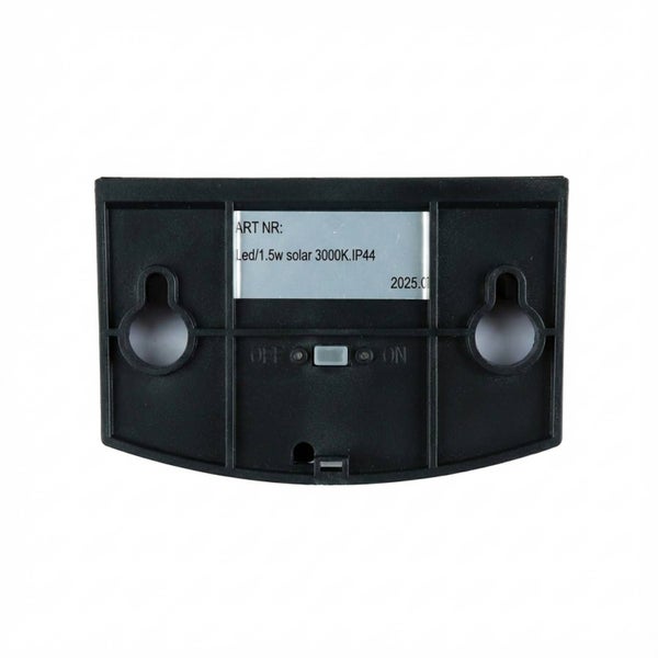 Rückseite einer LED-Solarleuchte mit 1,5 Watt, 3000 Kelvin und Schutzart IP44.