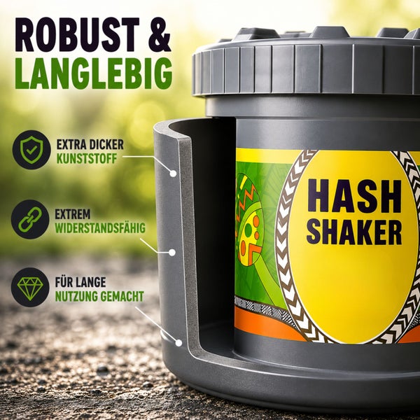 Hash Shaker aus extra dickem Kunststoff mit Schraubdeckel. Die Abbildung zeigt die Wandstärke des robusten Behälters.