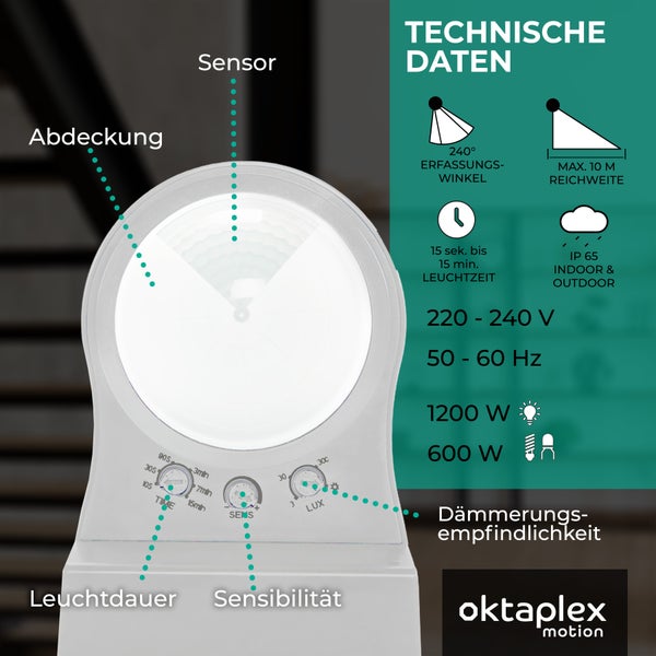 Oktaplex Don Bewegungsmelder Außen 240° PIR-Sensor IP65 10m weiß LED geeignet