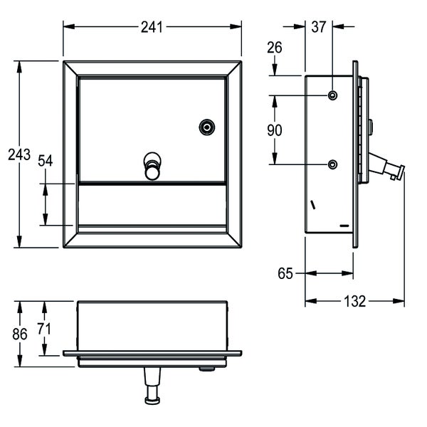 Maßzeichnung eines Unterputz-Einbaukastens mit Front-, Seiten- und Draufsicht sowie Maßangaben in Millimetern.