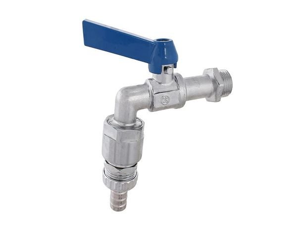 Kugelauslaufhahn aus Metall mit blauem Hebelgriff und Schlauchanschluss
