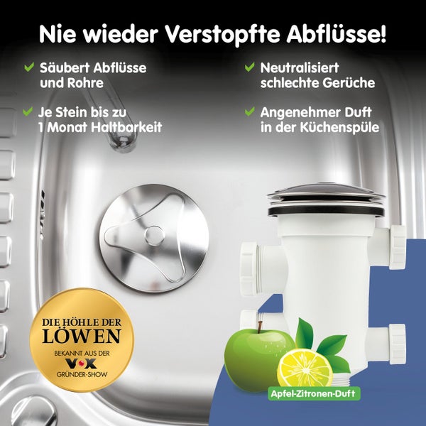 Küchenspülen-Abflussreiniger und Lufterfrischer Set mit Apfel-Zitronen-Duft, inklusive Die Höhle der Löwen Siegel.