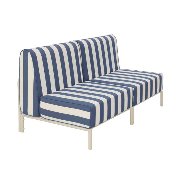 Zweisitzer Gartensofa mit gestreiften Polstern und Metallgestell.
