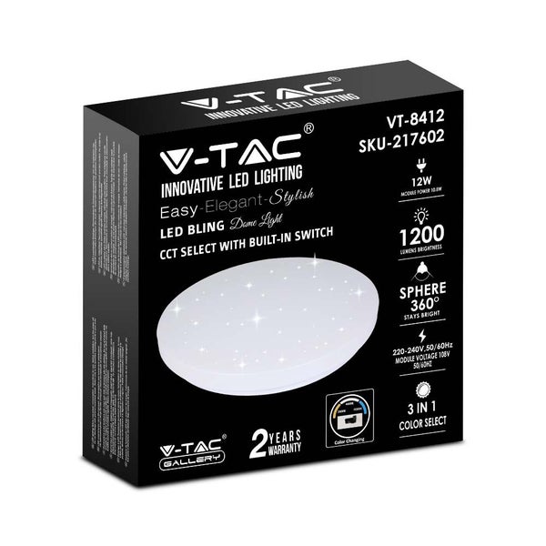 Verpackung einer V-TAC LED Deckenleuchte mit Farbauswahl und zwei Jahren Garantie.