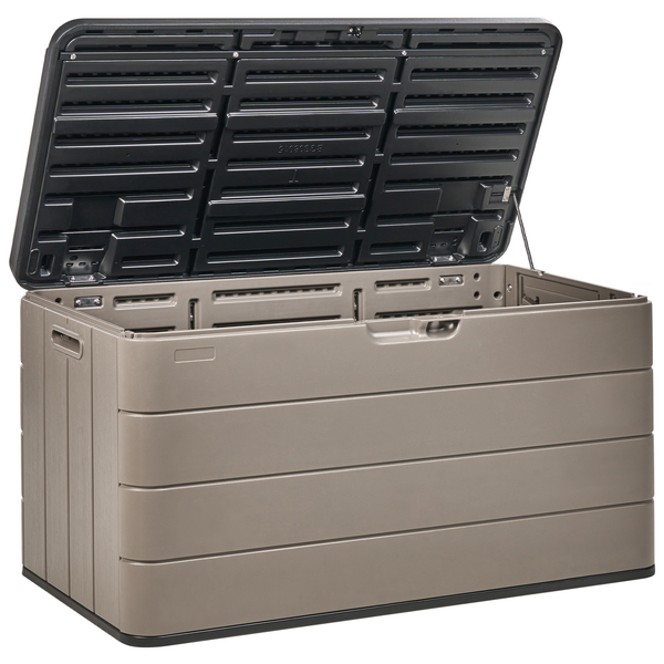 Geöffnete Gartenbox zur Aufbewahrung von Gartenutensilien