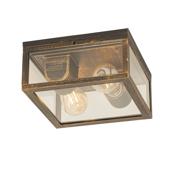 Quadratische Deckenleuchte im Industrie-Design mit Metallrahmen in Gold-Antik-Optik, Glasscheiben und zwei sichtbaren Leuchtmitteln.