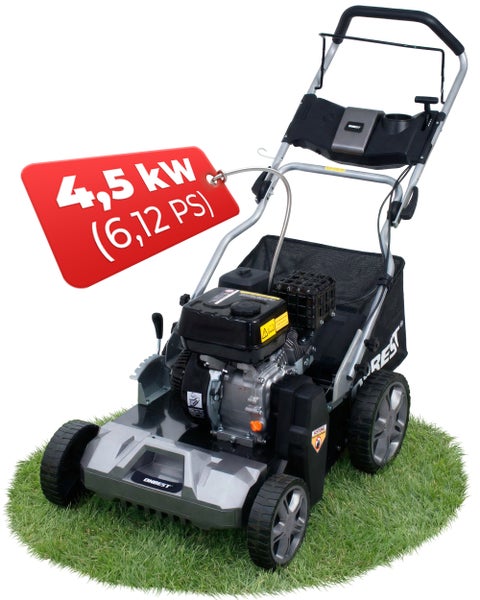 Benzin-Vertikutierer ONBEST mit 4,5 Kilowatt Leistung und Fangkorb auf Rasen.