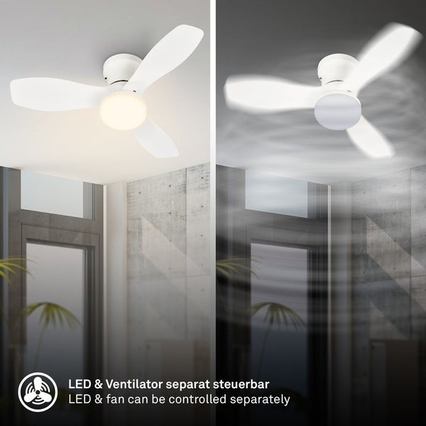 Deckenventilator mit Licht im Schlafzimmer zeigt Sommer- und Wintermodus durch Luftstrompfeile und einstellbare Drehrichtung.