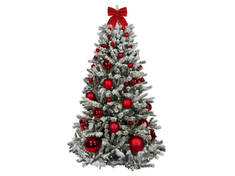 Künstlicher Weihnachtsbaum mit Schnee, LED Beleuchtung und Dekoration, inklusive roter Schleife als Baumspitze.