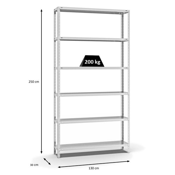 PROREGAL Fachbodenregal Schraubsystem Medium-Duty Grundregal HxBxT 250 x 130 x 30 cm 6 Ebenen Fachlast 200 kg Beidseitig Nutzbar Lichtgrau
