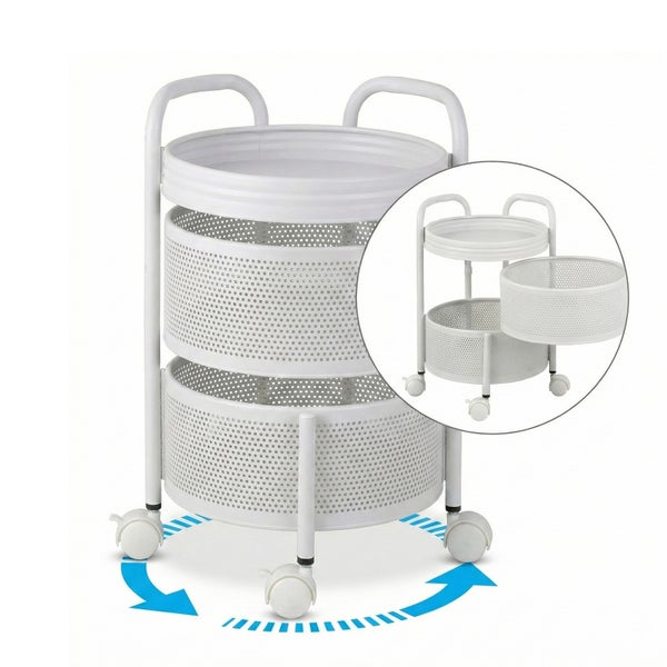 Rollwagen mit drei Etagen und runden, perforierten Körben.